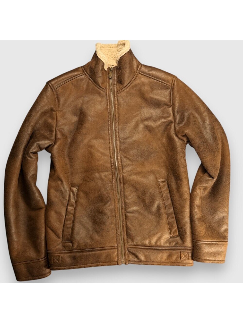 Rainforest Brown Leather Shearling Bomber Jacket Small